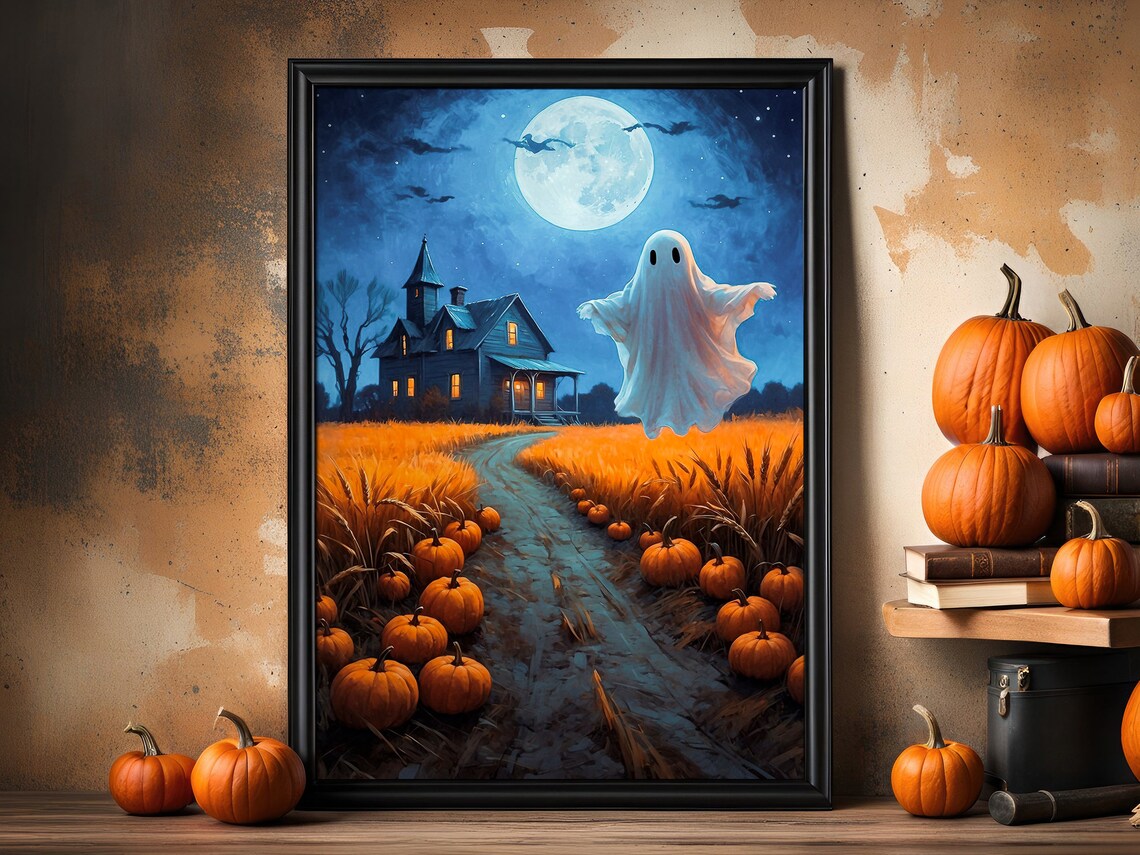 Cute Ghost Under Full Moon On Pumpkin Path By Old House Halloween Painting Poster - Image 3