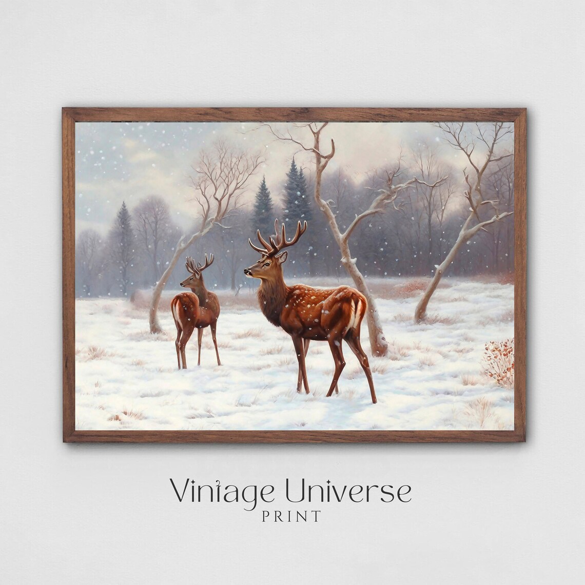 Two Deer Winter Forest Falling Snow Vintage Wildlife Landscape Poster - Image 3