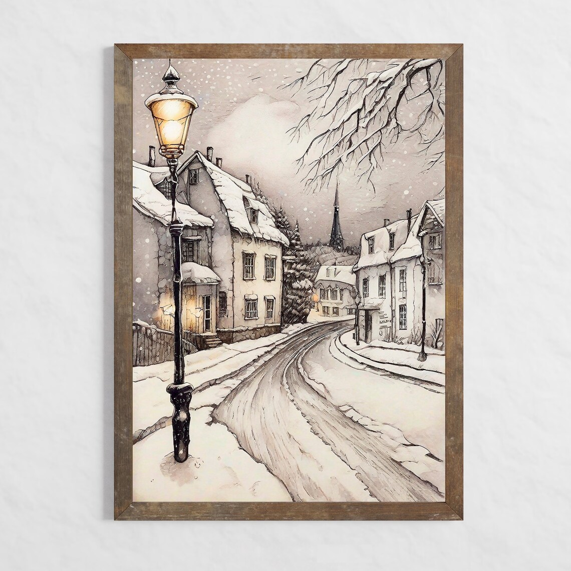 Snowy Village Street Glowing Lamppost Vintage Winter Evening Poster - Image 4