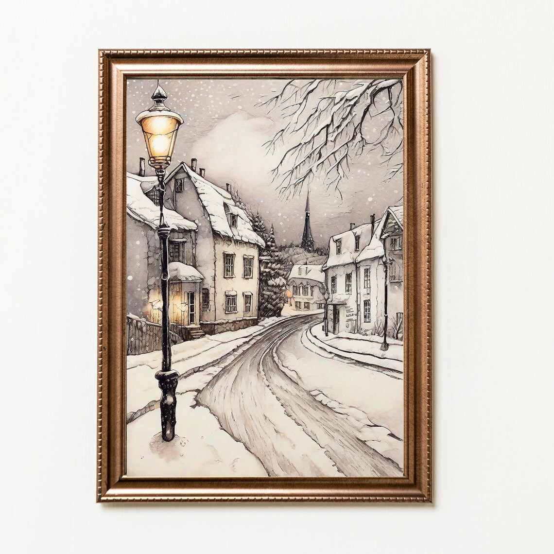 Snowy Village Street Glowing Lamppost Vintage Winter Evening Poster - Image 5