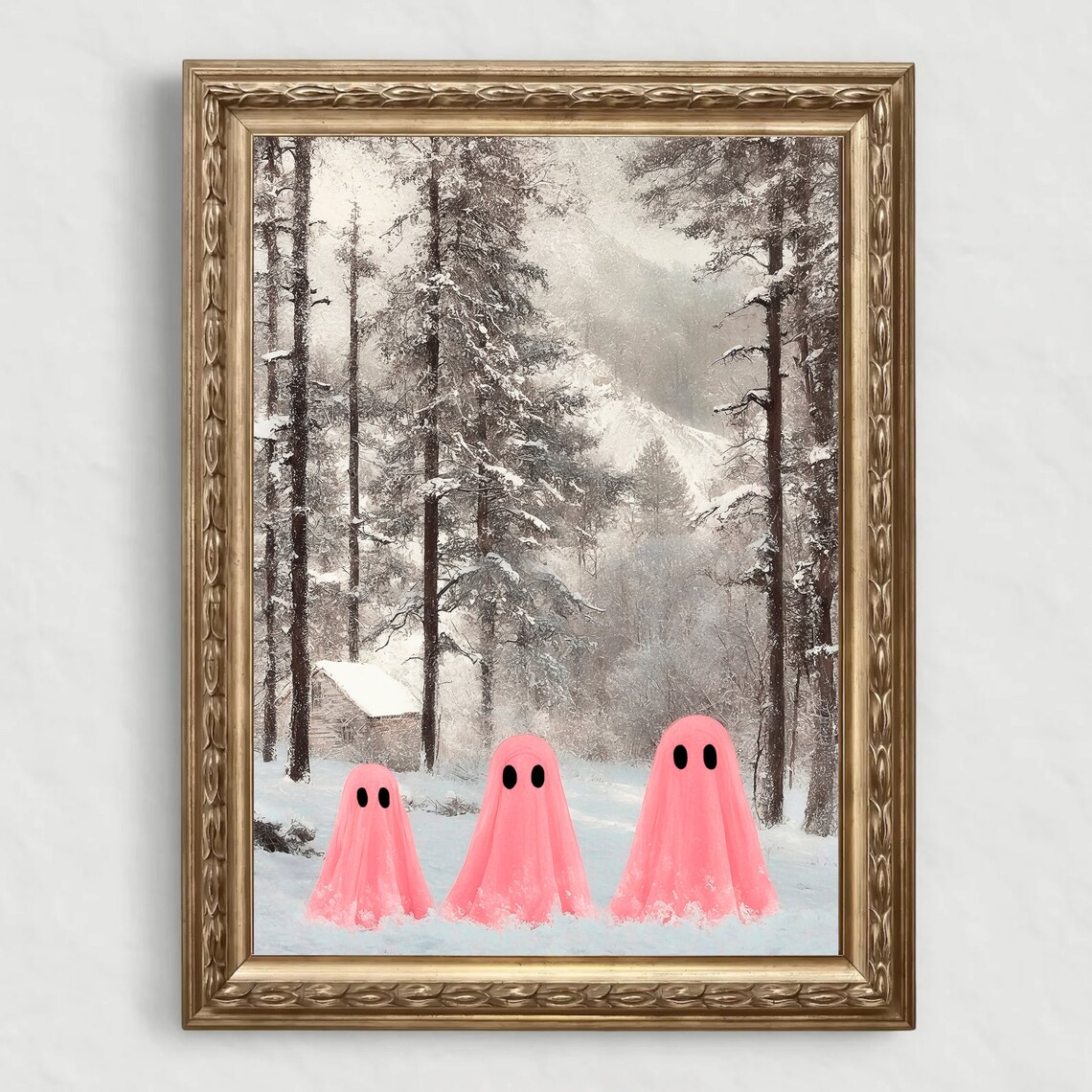 Three Pink Ghosts in Snowy Pine Forest Winter Holiday Scene Print - Image 4