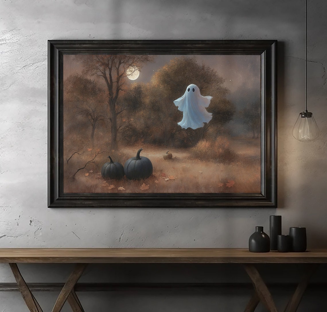 Ghost Over Black Pumpkins Under Full Moon Vintage Halloween Poster - Image 2