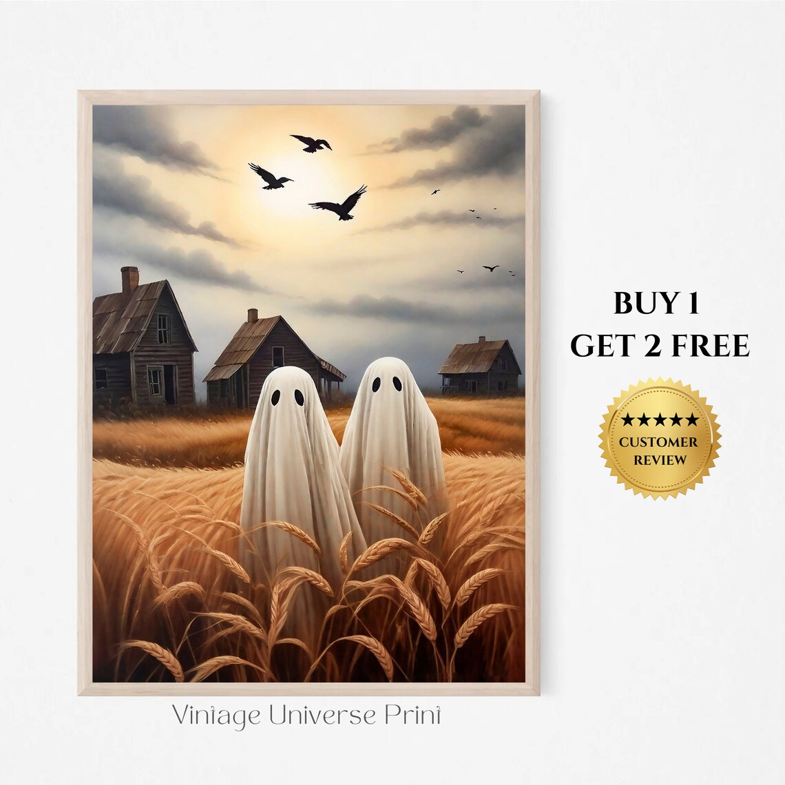 Two Sheet Ghosts in a Golden Wheat Field Vintage Halloween Poster