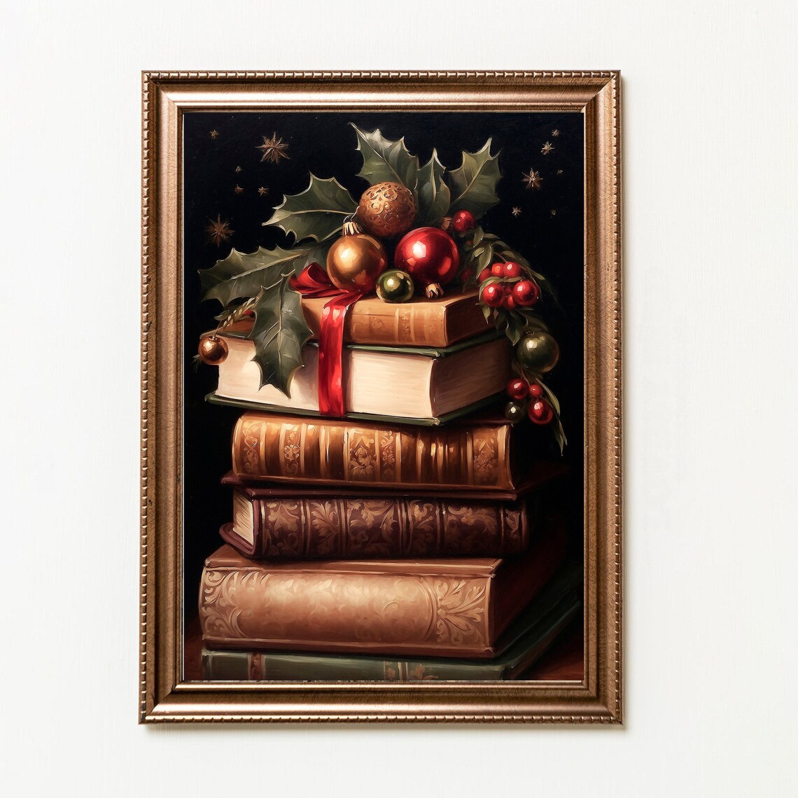 Vintage Books with Christmas Ornaments and Holly Still Life Print - Image 4