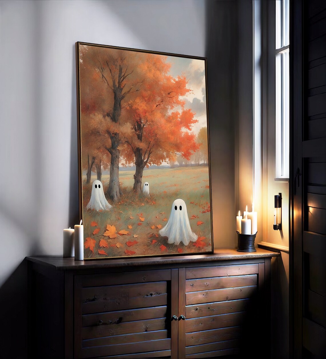 Three Little Ghosts Playing In A Golden Autumn Meadow Vintage Painting Wall Art - Image 2