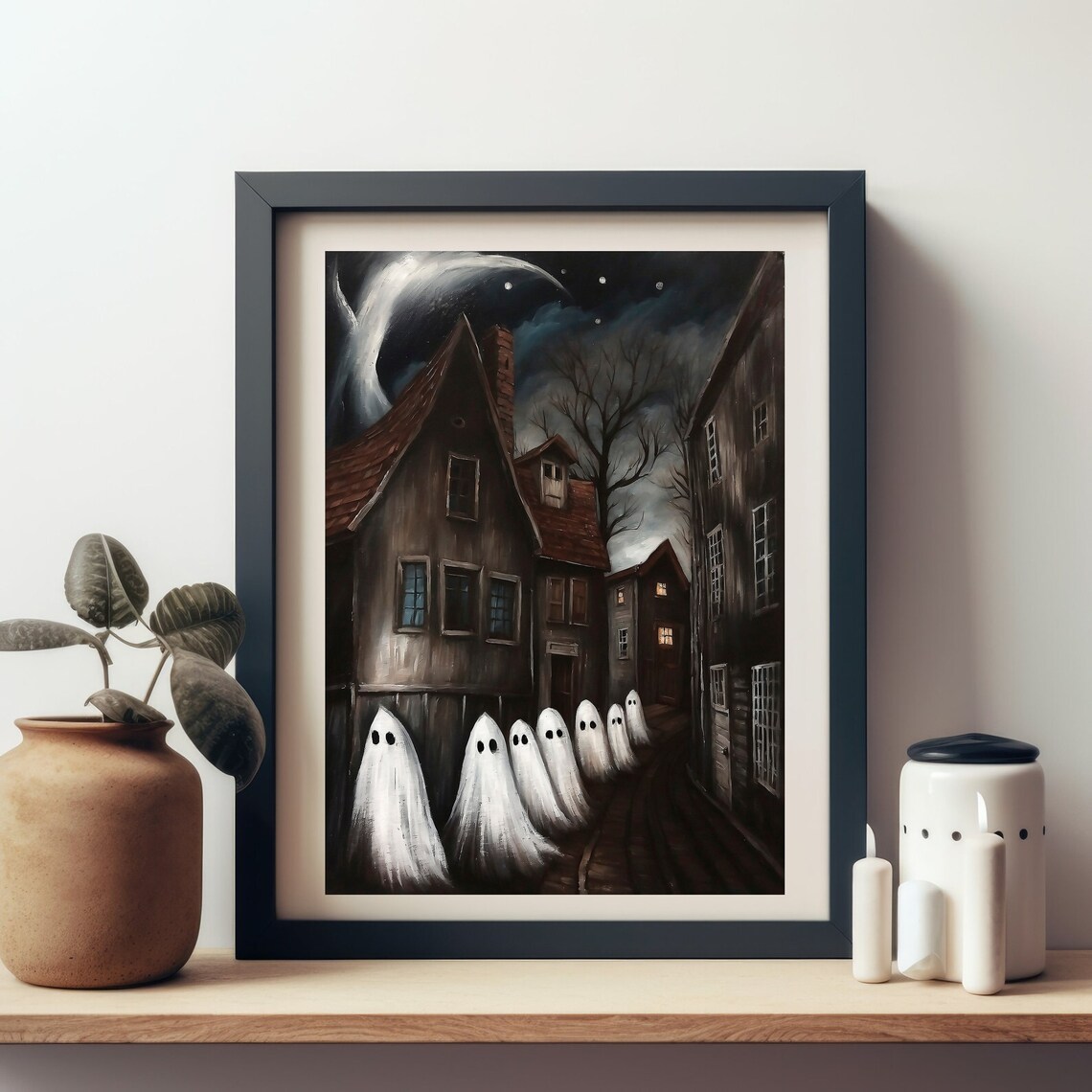 Seven Sheet Ghosts Wandering a Dark Village Street at Night Spooky Poster - Image 3