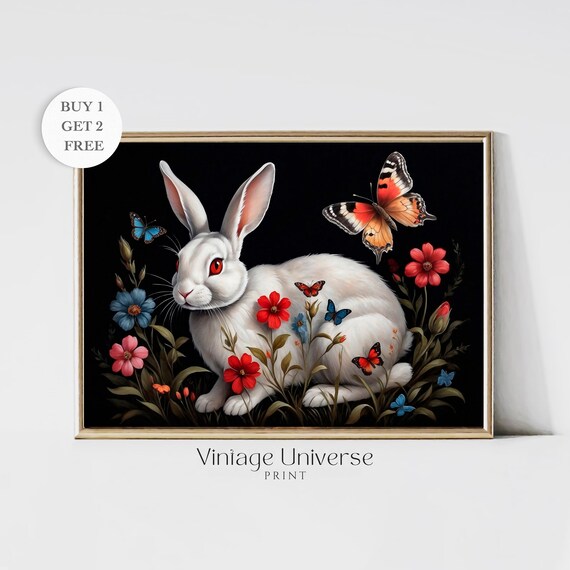 Rabbit Painting Dark Botanic Cottagecore Dark Academia Print Moody Print Flower Animal Witch Decor Floral Vintage Painting