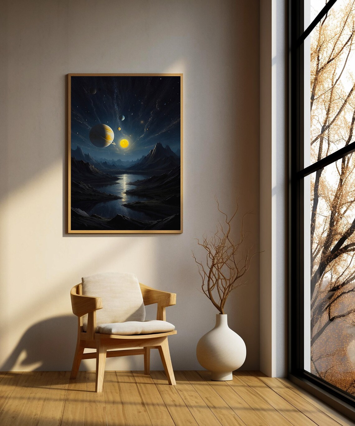 Alien World with Planets Over a Moonlit River Valley Night Sky Wall Art - Image 3