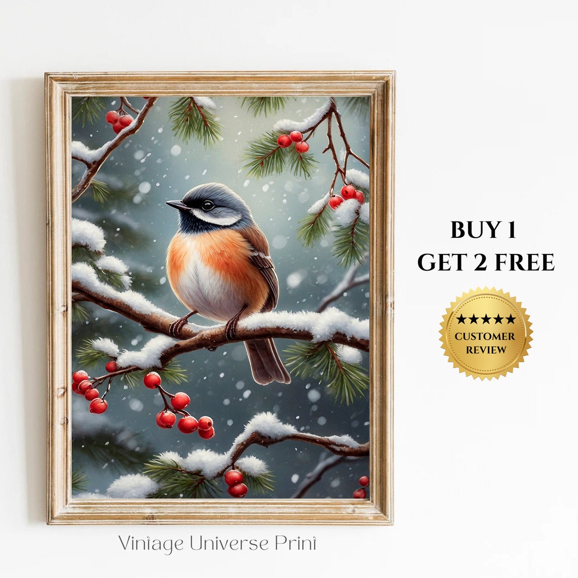 Orange Breasted Songbird On A Snowy Branch With Red Berries Print