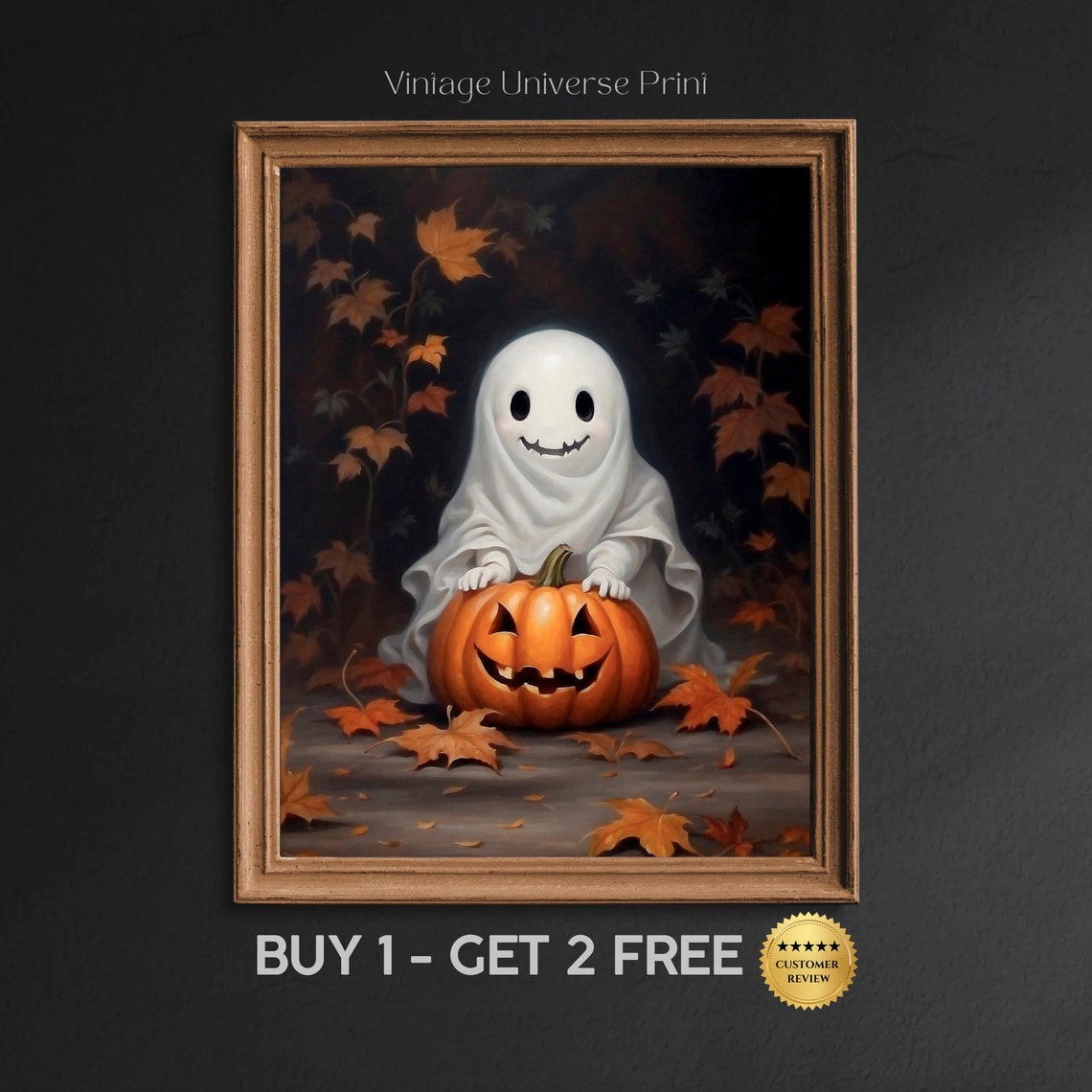 Cute Ghost With Jack O Lantern Among Falling Autumn Leaves Poster
