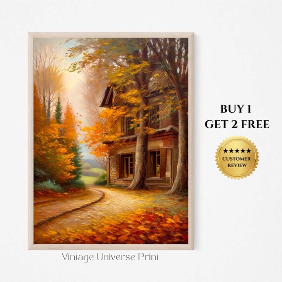 Rustic House On An Autumn Forest Road With Golden Leaves Wall Art