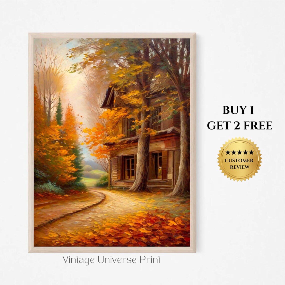 Rustic House On An Autumn Forest Road With Golden Leaves Wall Art