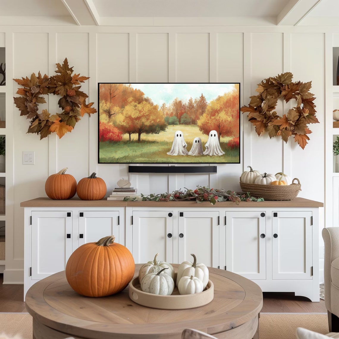 Three Cute Ghosts In Colorful Autumn Meadow Fall Halloween Poster - Image 2