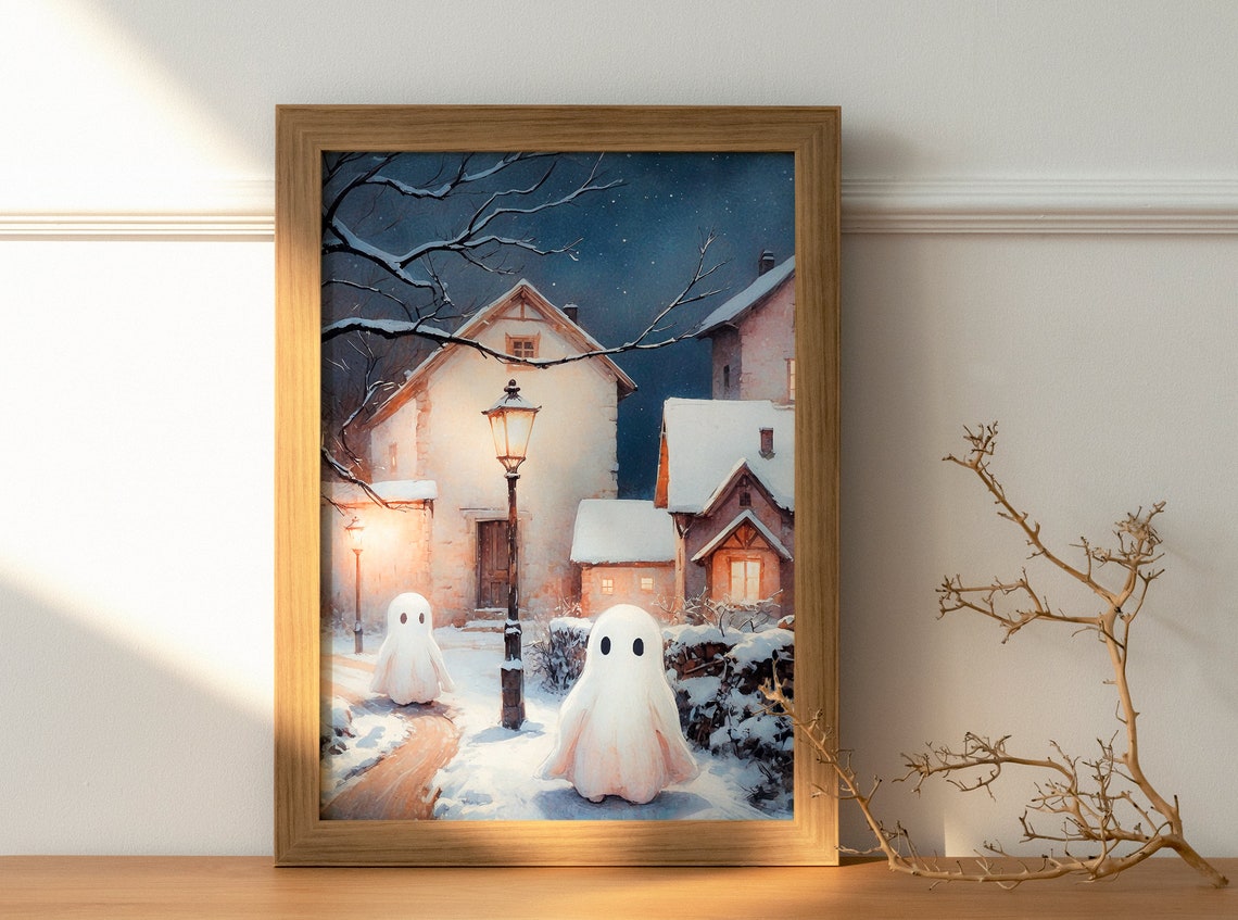 Two Ghosts in Snowy Christmas Village Lane at Nightfall Print - Image 3