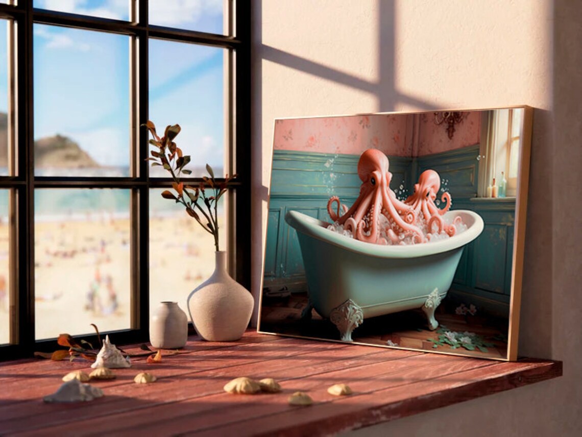 Two Pink Octopuses Bathing in a Vintage Clawfoot Tub Art Print - Image 2