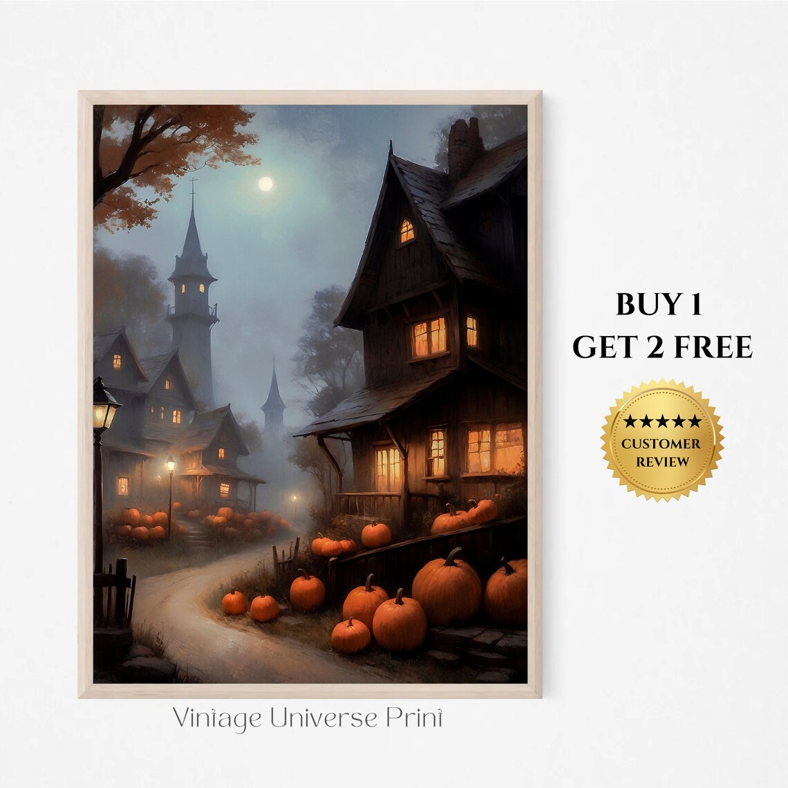 Moonlit Halloween Village With Pumpkins And Old Houses Spooky Painting Poster