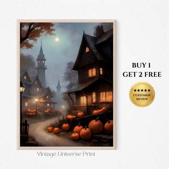 Moonlit Halloween Village With Pumpkins And Old Houses Spooky Painting Poster