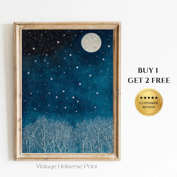 Starry Night Sky with Full Moon Over Snowy Frosted Forest Poster