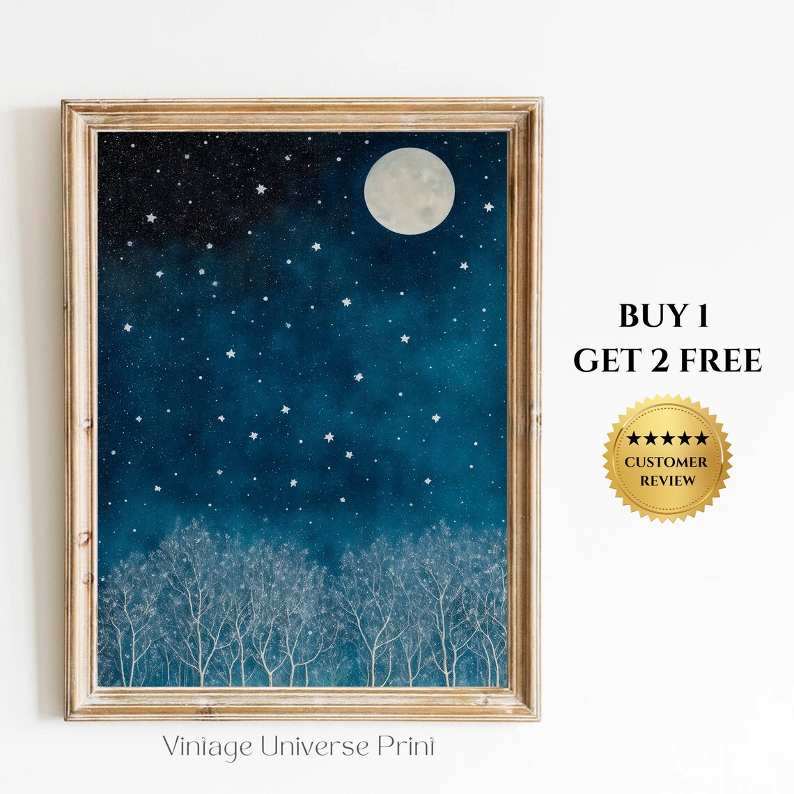 Starry Night Sky with Full Moon Over Snowy Frosted Forest Poster