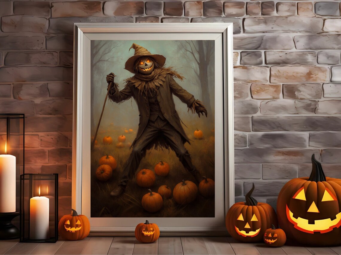 Spooky Scarecrow With Glowing Pumpkin Head In Pumpkin Patch Painting Poster - Image 4