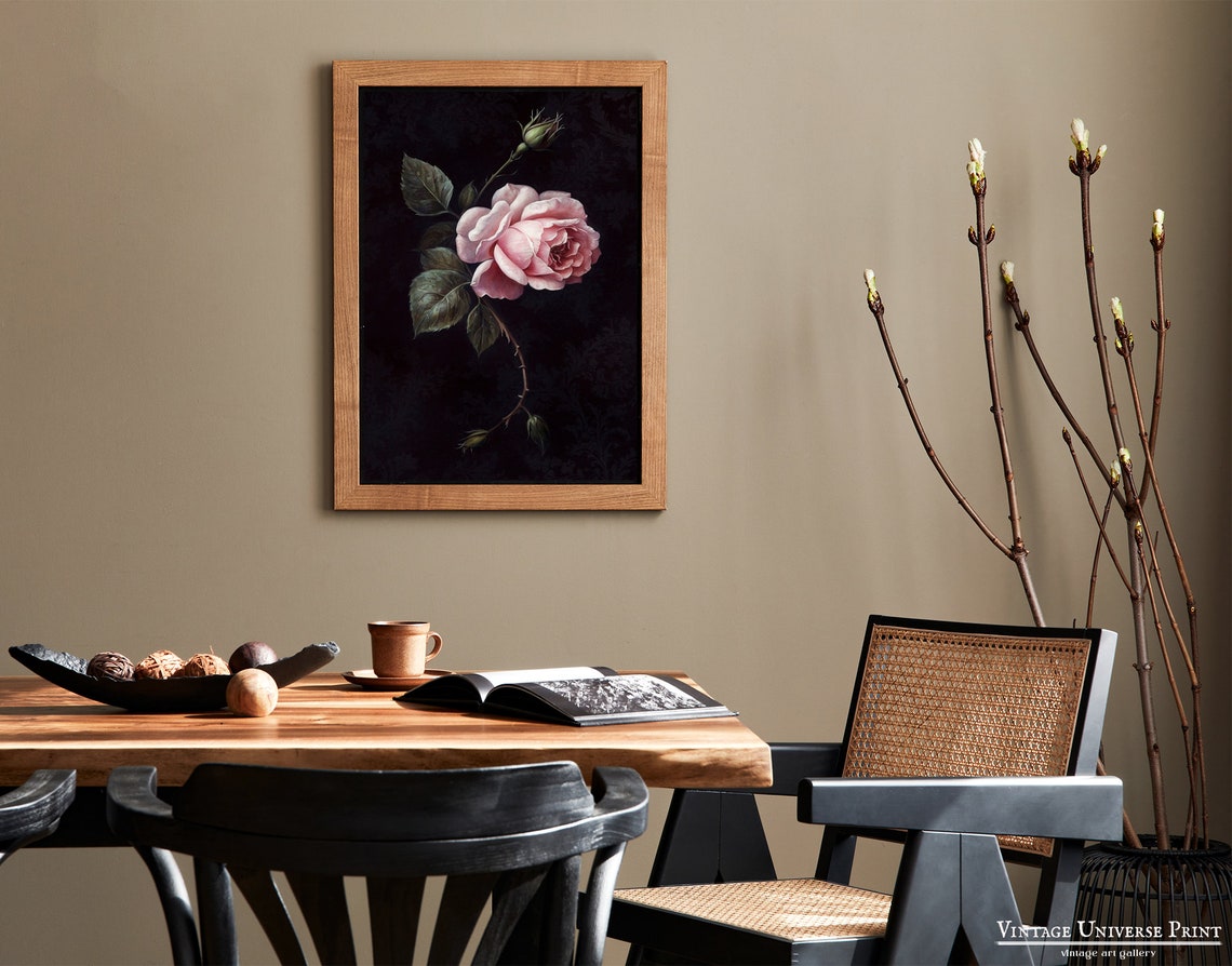 Moody Rose Painting Dark Rose Still Life Dark Rose Print Moody Floral Vintage Botanical Painting French Country Decor - Image 2