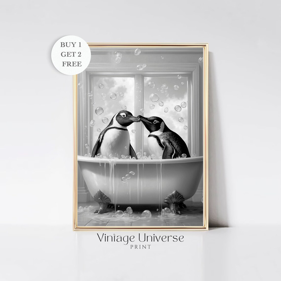 Two Penguins in a Bathtub Black and White Vintage Animal Art Print