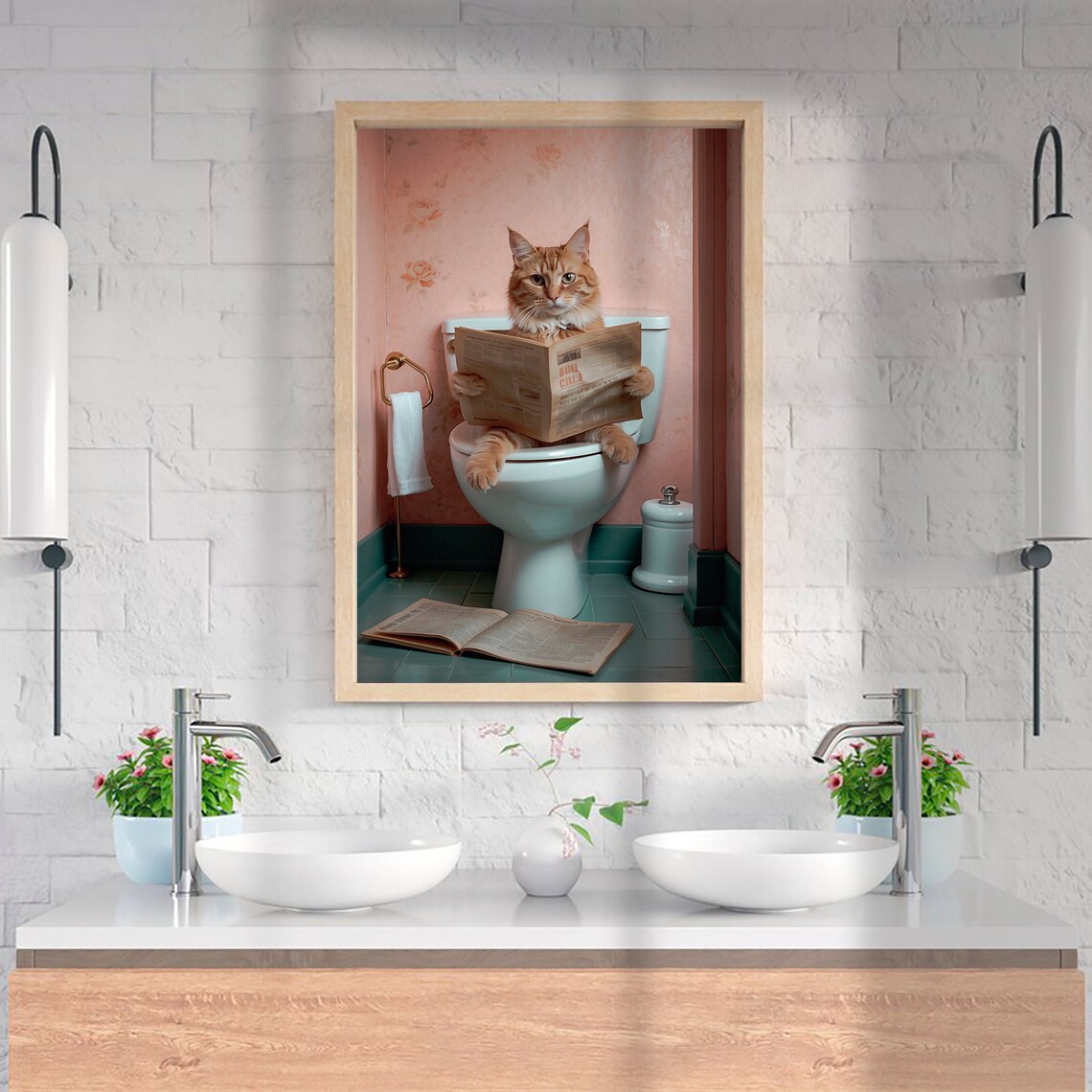 Orange Cat Reading Newspaper On Toilet Funny Cat Bathroom Poster - Image 4