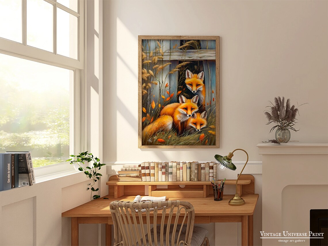 Red Fox Family In Autumn Grass By A Weathered Wooden Fence Print - Image 3