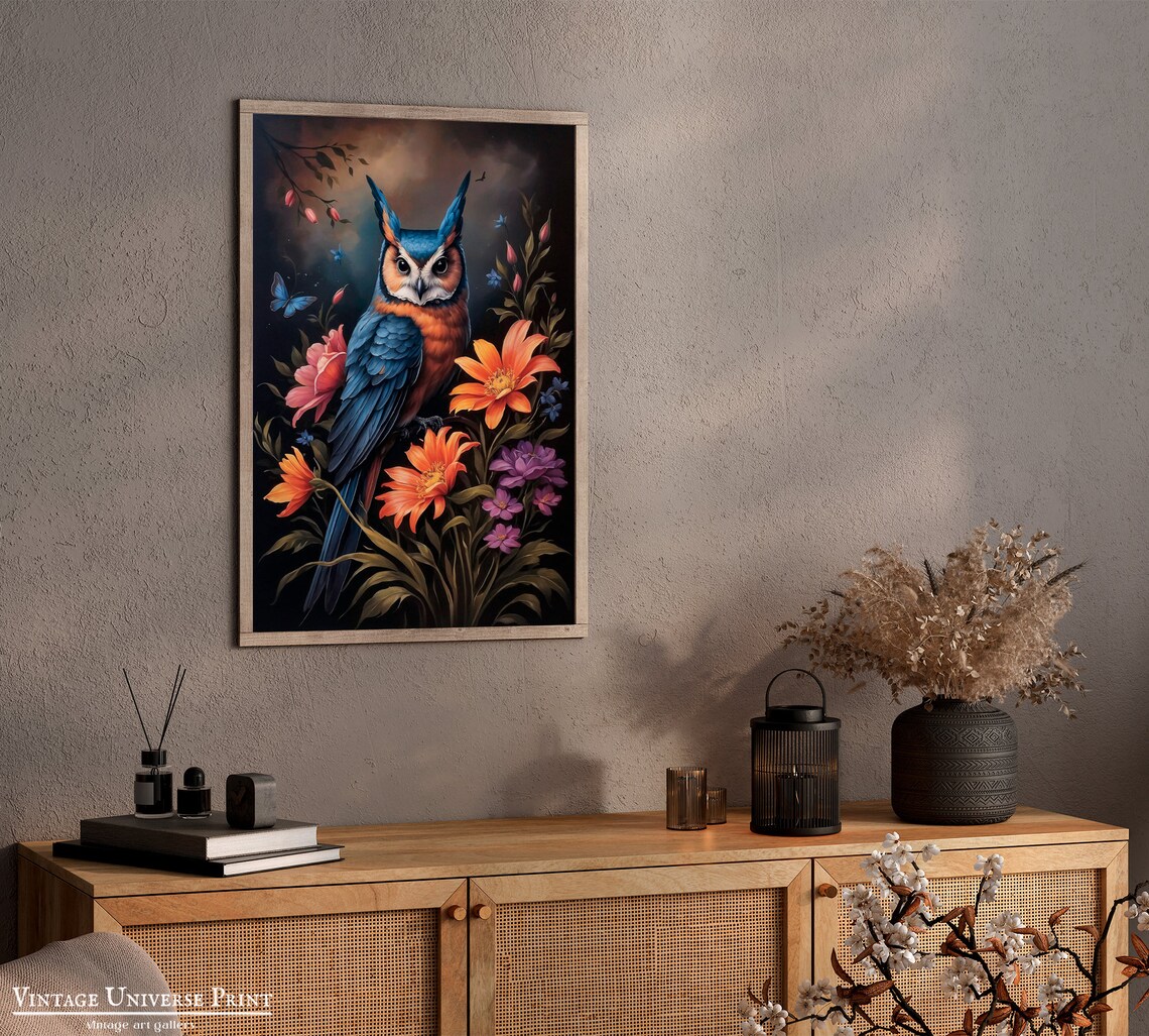 Blue Owl With Orange Breast Among Colorful Flowers On Black Poster - Image 3