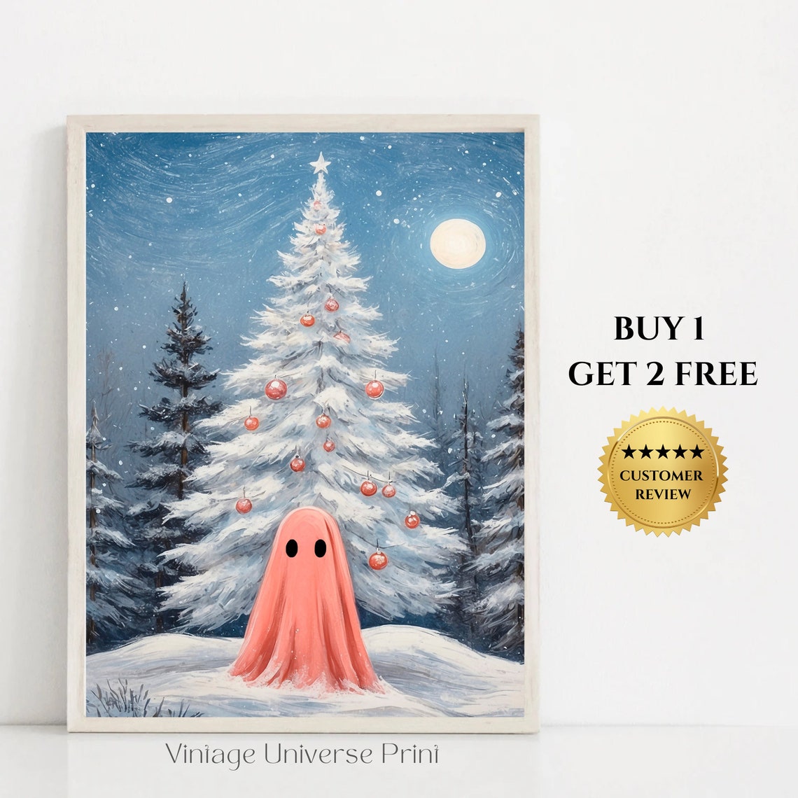 Pink Ghost Before White Christmas Tree with Red Ornaments Print