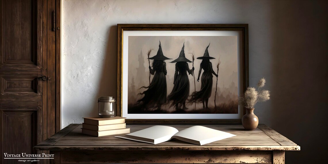 Three Witches with Brooms Walking into the Fog Moody Halloween Wall Art - Image 2