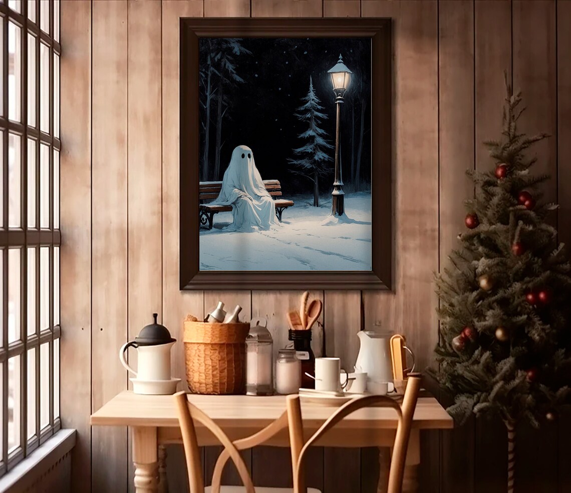 Ghost Resting on Snowy Park Bench Under Glowing Street Lamp Print - Image 2