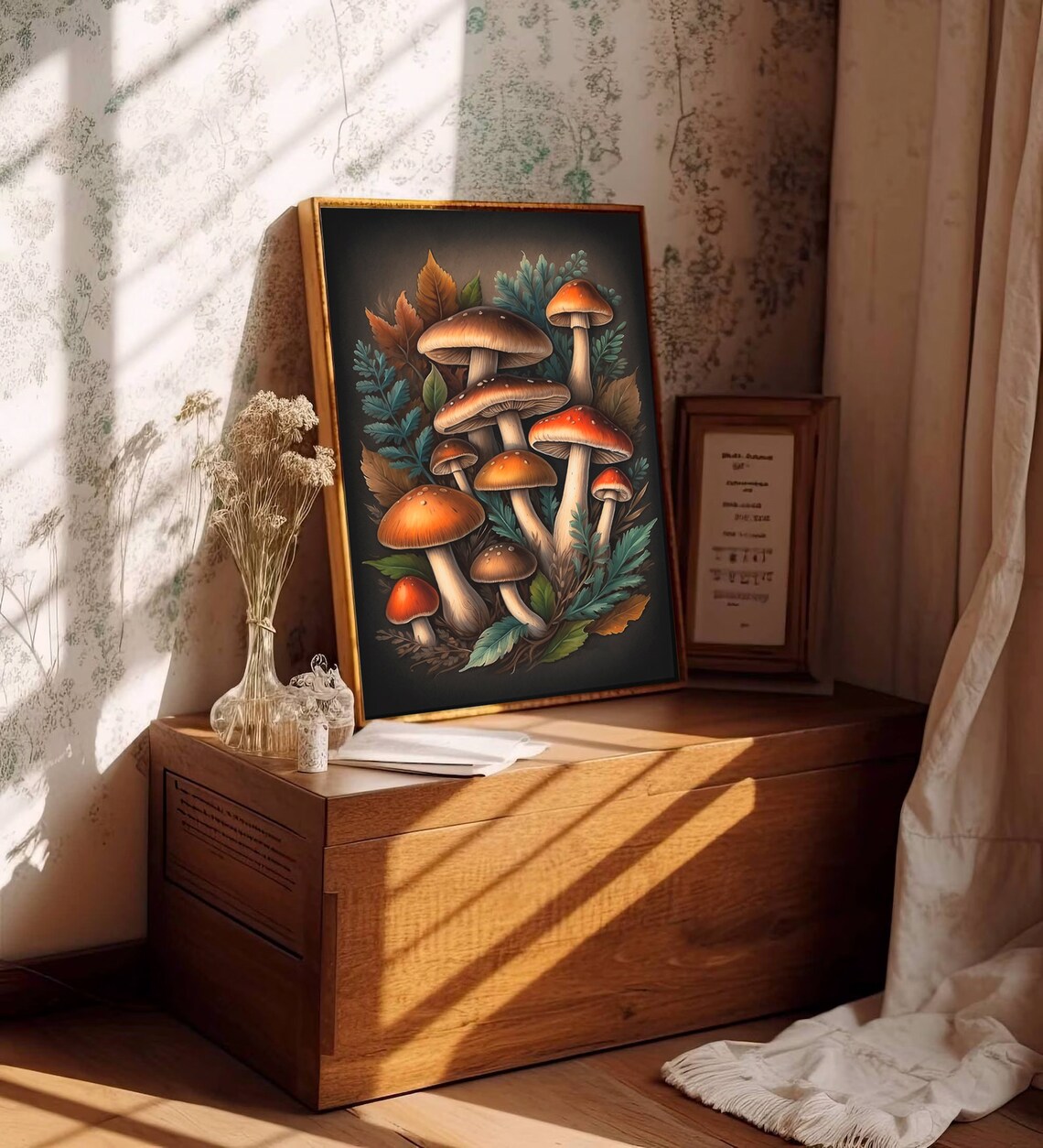 Moody Forest Mushrooms With Autumn Leaves Dark Botanical Poster - Image 3