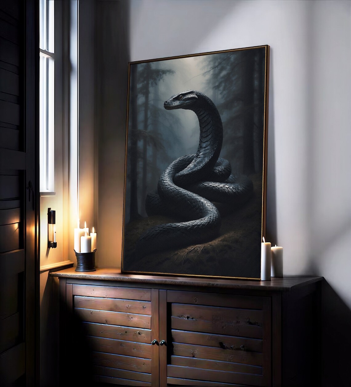 Black Snake Coiled in a Misty Dark Forest Night Reptile Art Print - Image 4