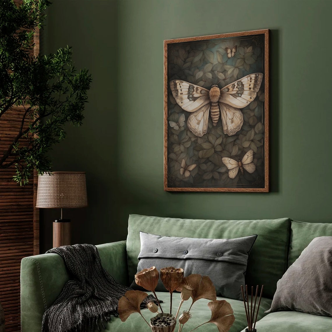 Vintage Moth And Butterflies Among Dark Leaves Moody Art Poster - Image 2