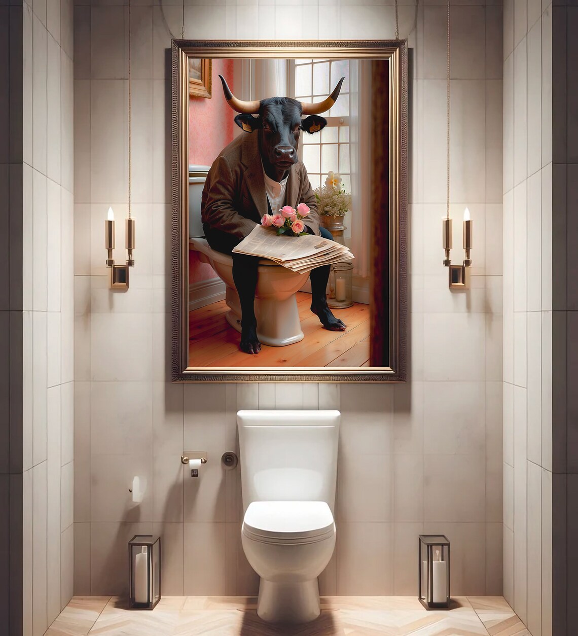 Dapper Longhorn Bull In Blazer Reading On Toilet Funny Poster - Image 4