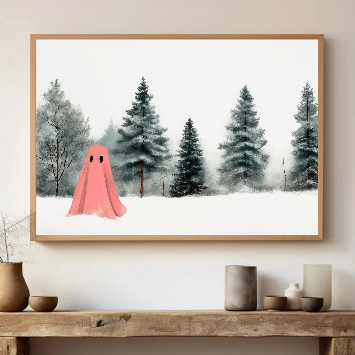 Pink Ghost Among Snowy Pines in Misty Winter Landscape Print - Image 4