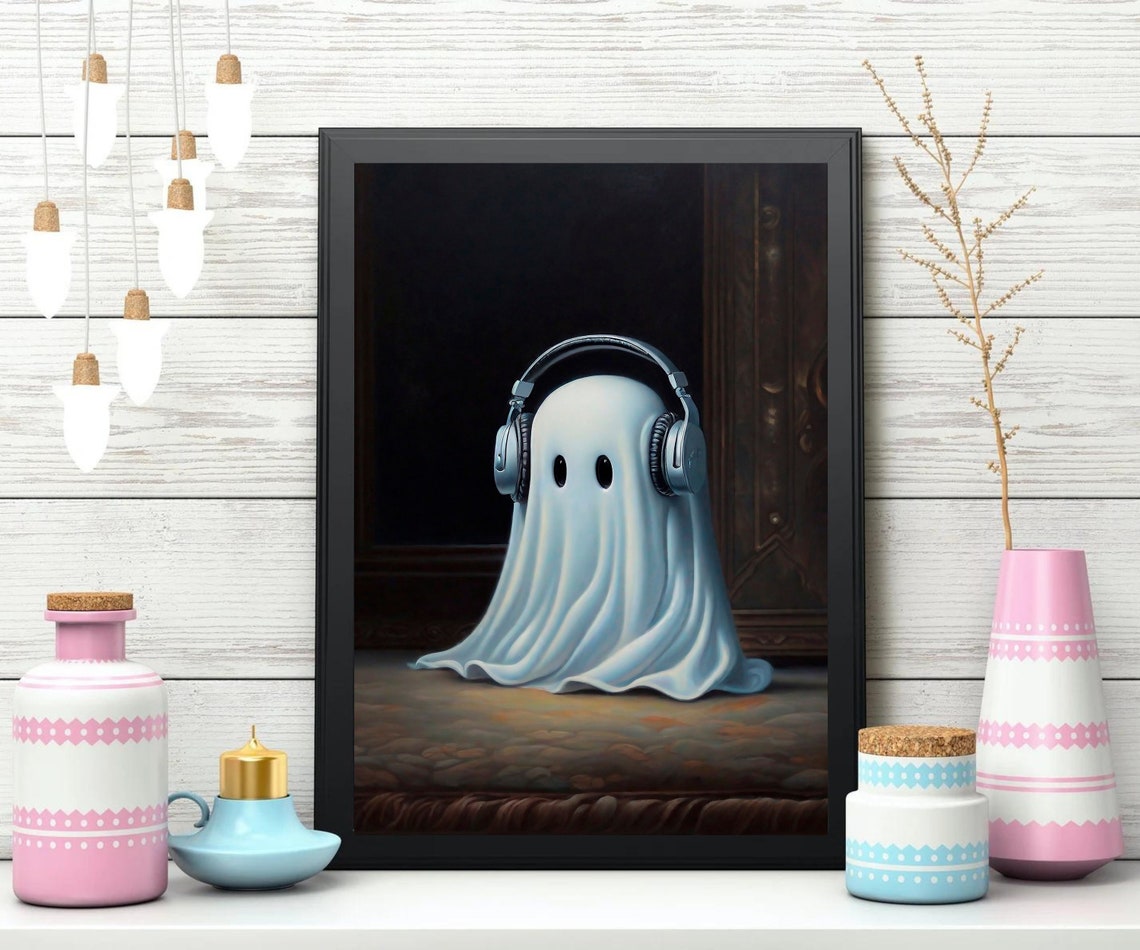 Ghost With Headphones Print Cute Ghost Wall Art Ghost Painting Dark Academia Decor Spooky Wall Decor Kids Wall Art Ghost - Image 3