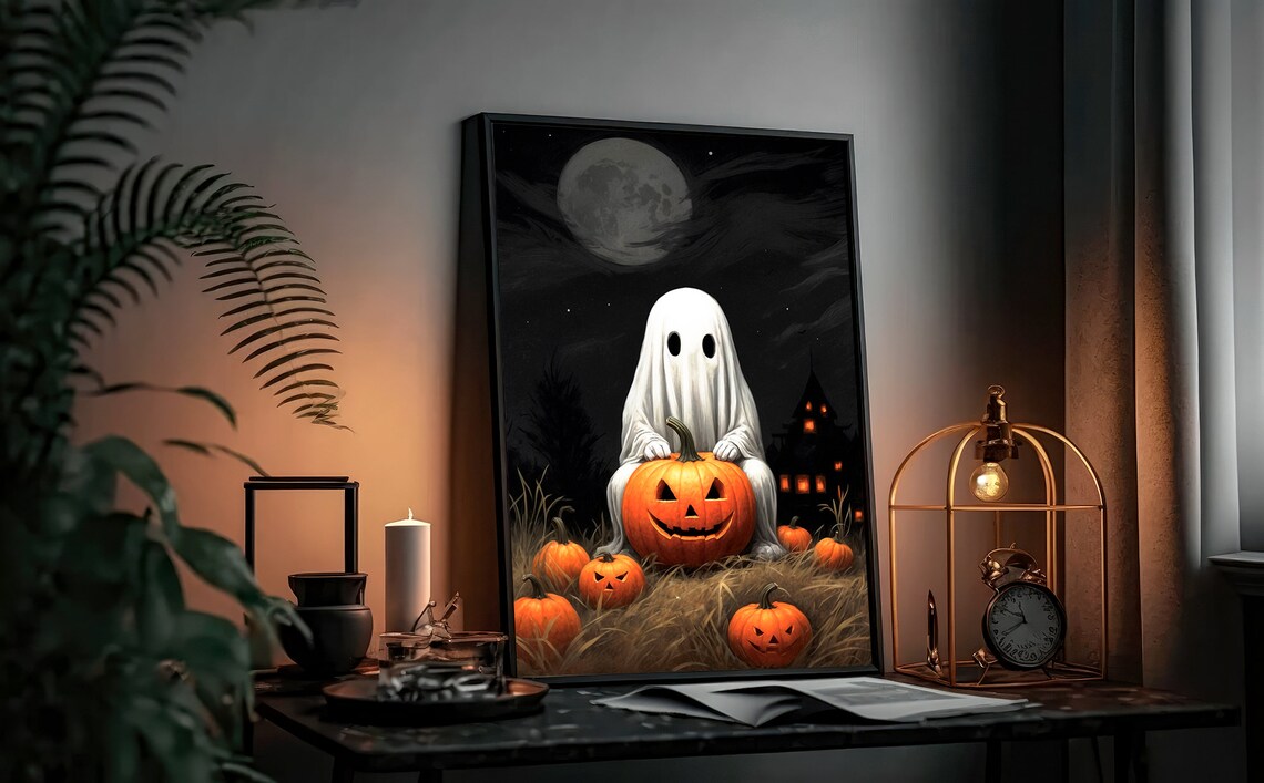Ghost Hugging A Jack O Lantern By A Haunted House Under A Full Moon Art Print - Image 2