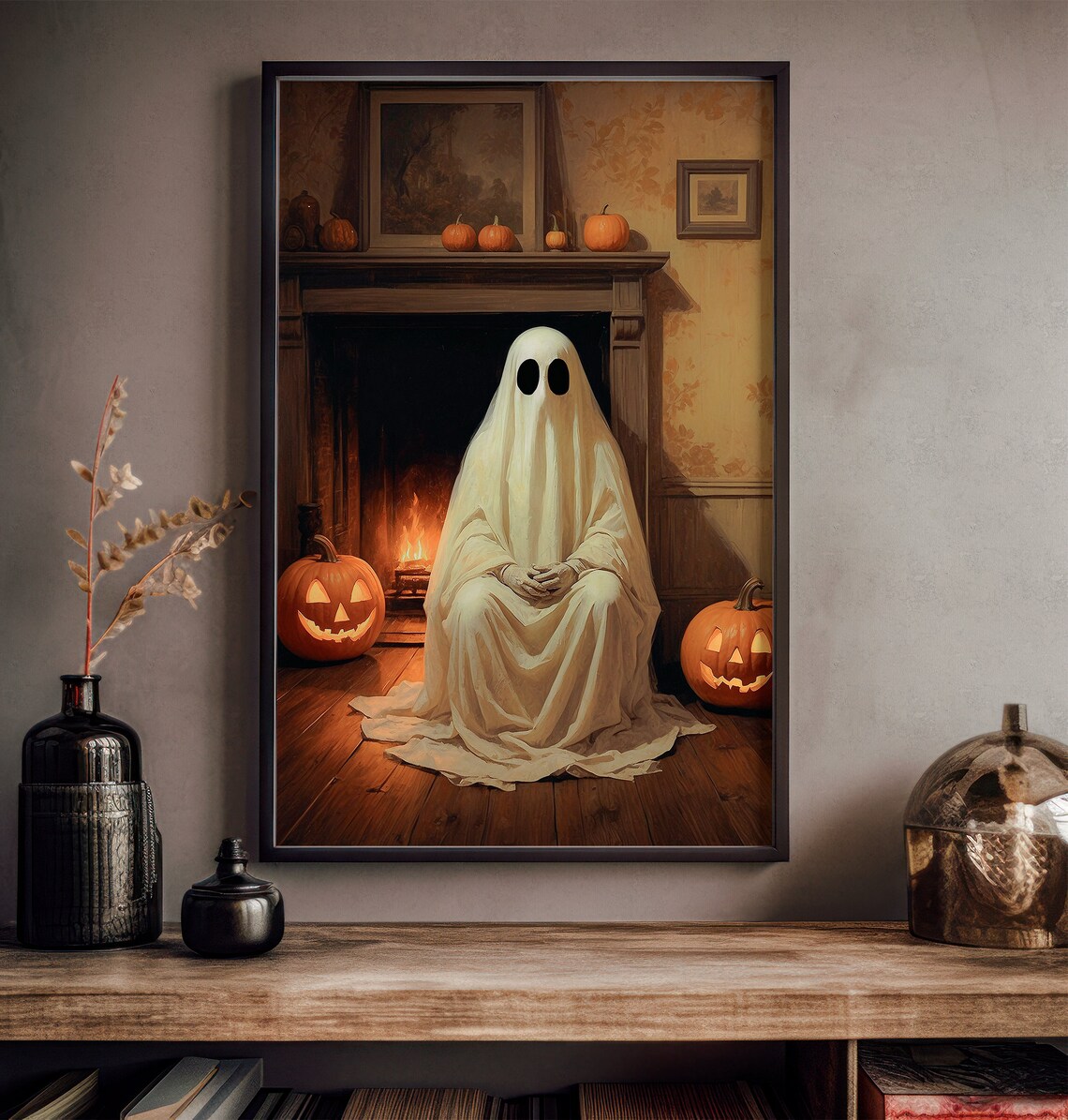 Ghost Sitting By A Glowing Fireplace Surrounded By Jack O Lanterns Art Print - Image 2