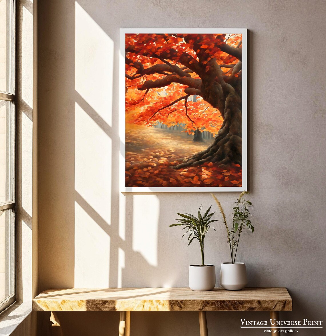 Giant Old Tree With Red Autumn Leaves In Golden Light Wall Art - Image 2