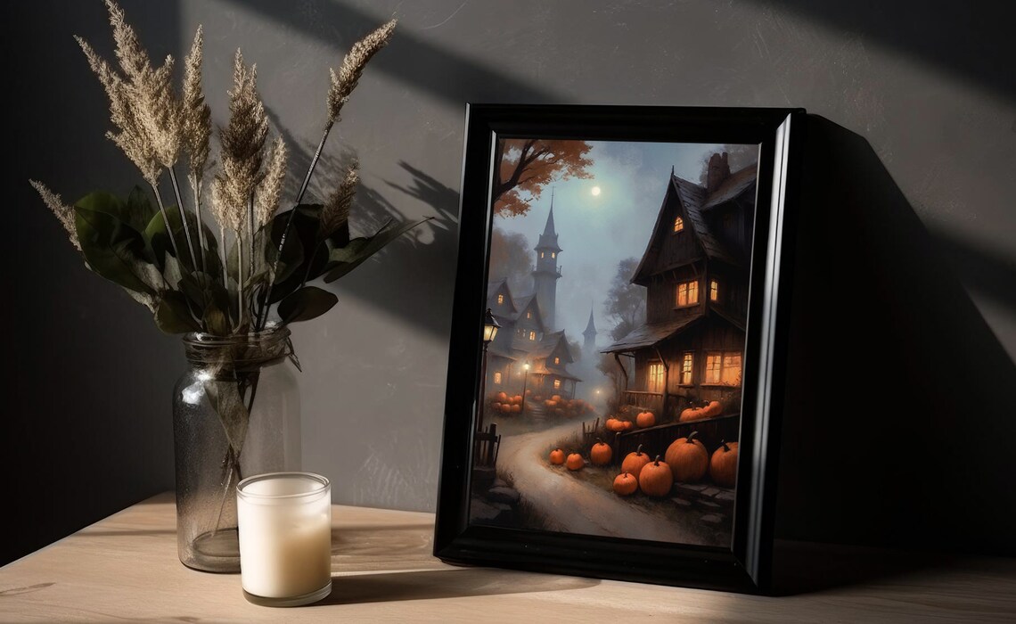 Moonlit Halloween Village With Pumpkins And Old Houses Spooky Painting Poster - Image 2