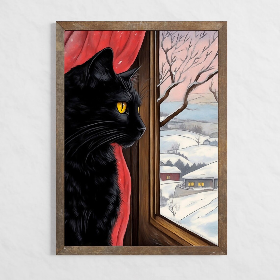 Black Cat Golden Eyes Snowy Village Window Winter Cat Art Poster - Image 4