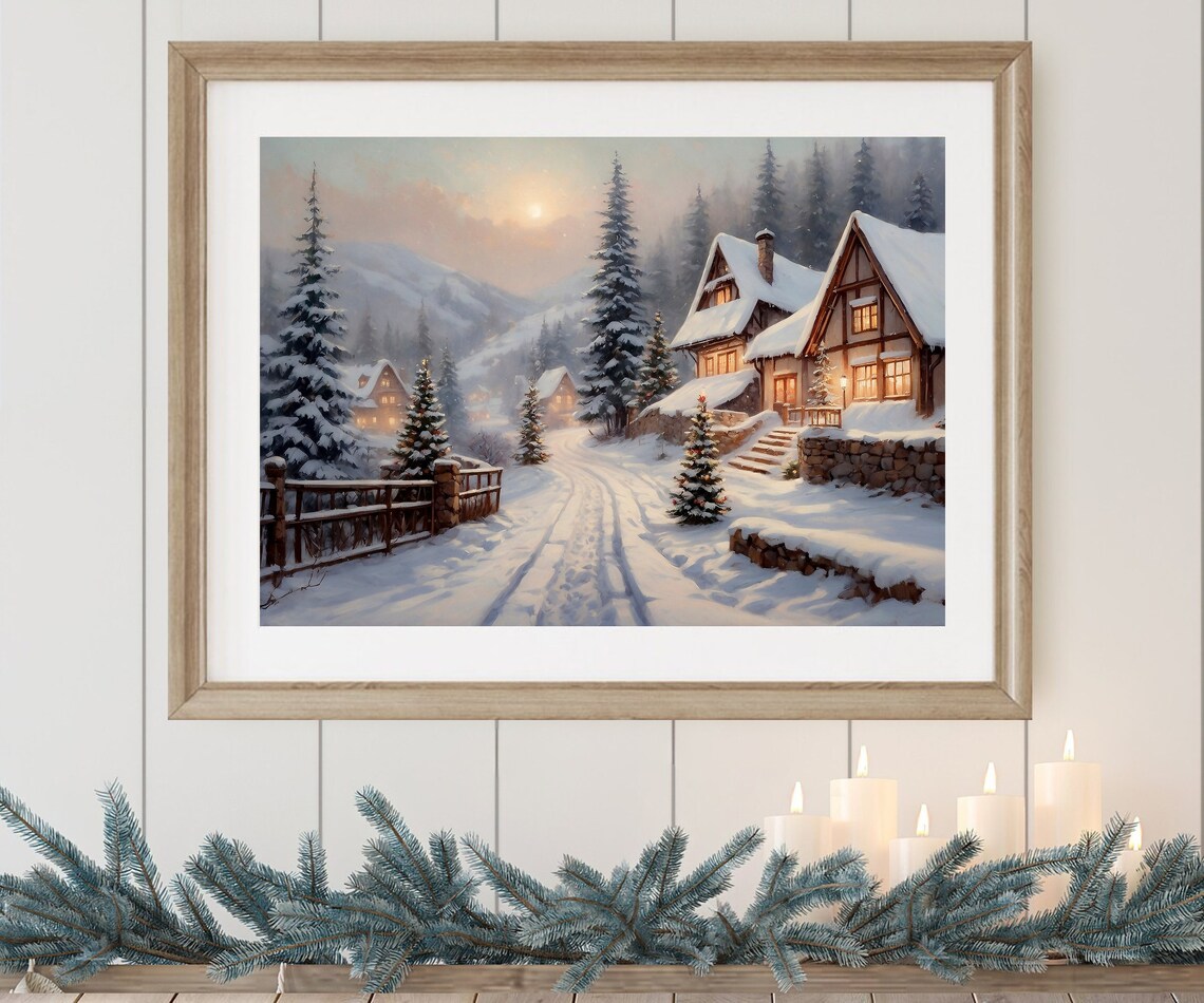 Christmas Village Print Winter Cabin Wall Art Snow Town Holiday Print Winter Landscape Print Snowy Forest Painting Christmas Home Decor - Image 2