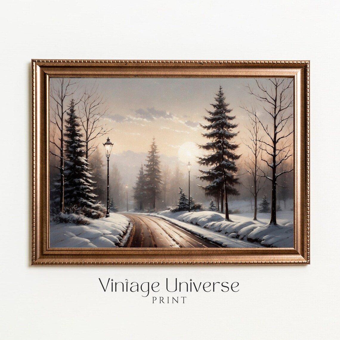 Snowy Forest Road with Pine Trees and Lamplights at Dusk Winter Poster - Image 5