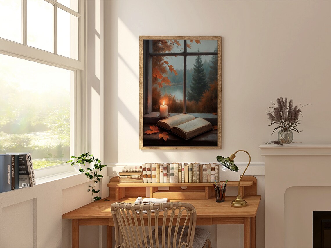Candle And Open Book On Autumn Windowsill Overlooking Lake Painting Poster - Image 2