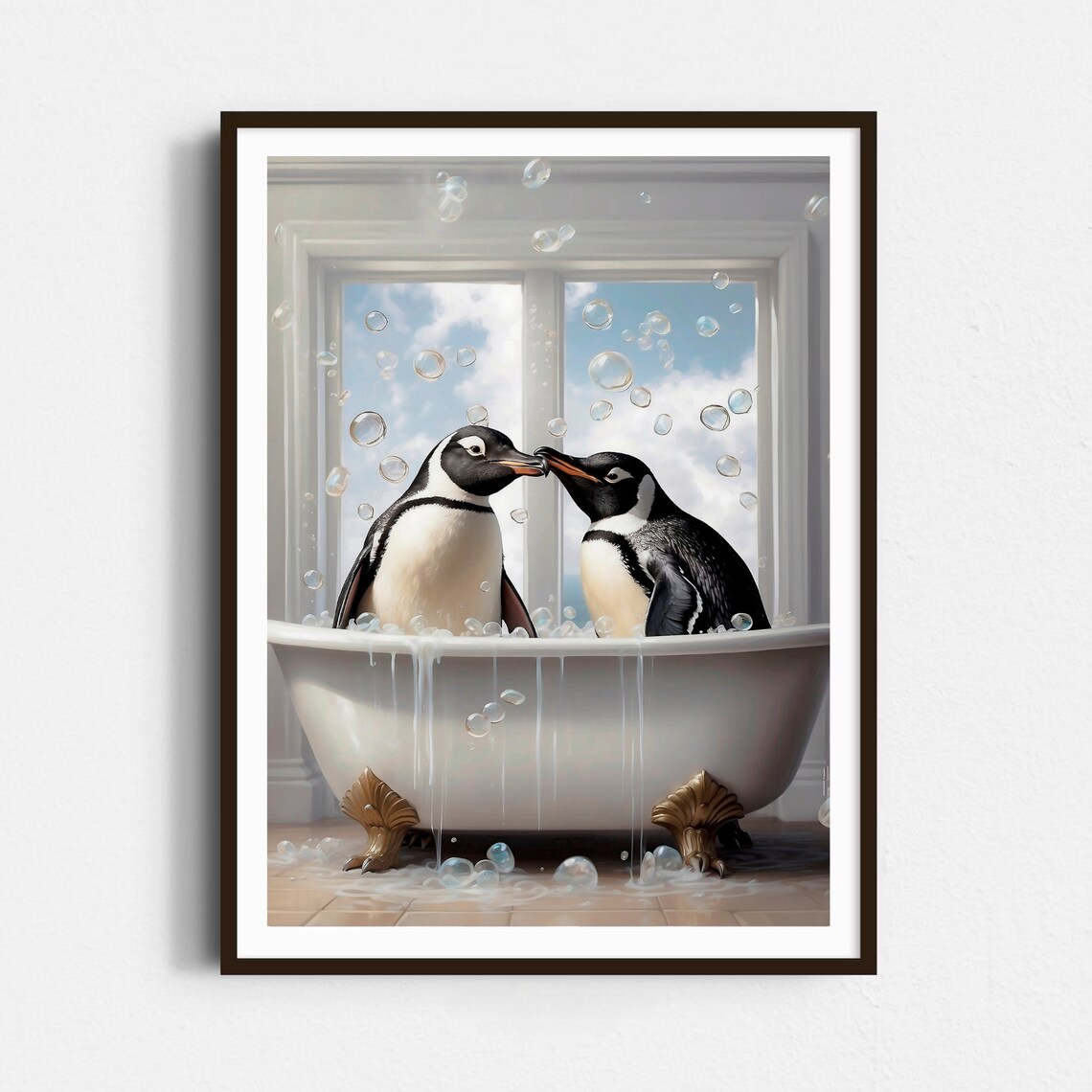 Two Penguins Sharing a Bubble Bath in a Vintage Tub Art Print - Image 5