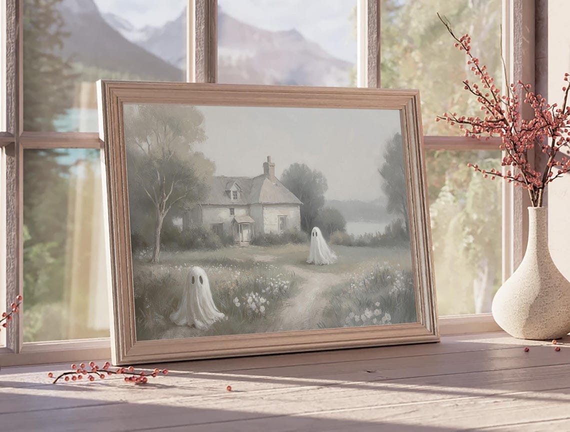 Two Ghosts Near A Farmhouse Wildflower Path Halloween Poster - Image 2