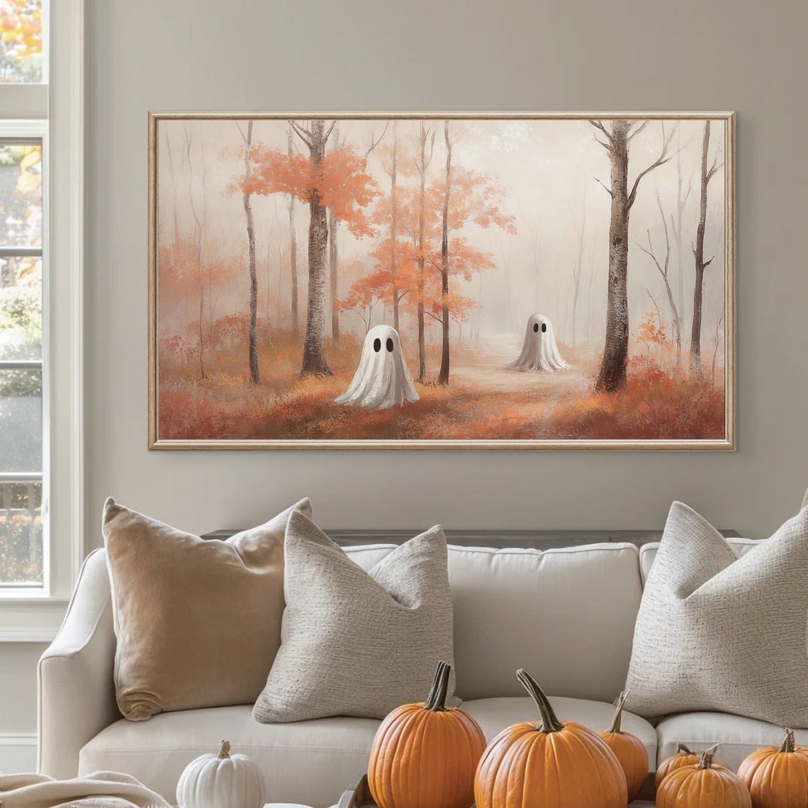 Two Ghosts On Misty Fall Forest Path Spooky Halloween Decor Poster - Image 2