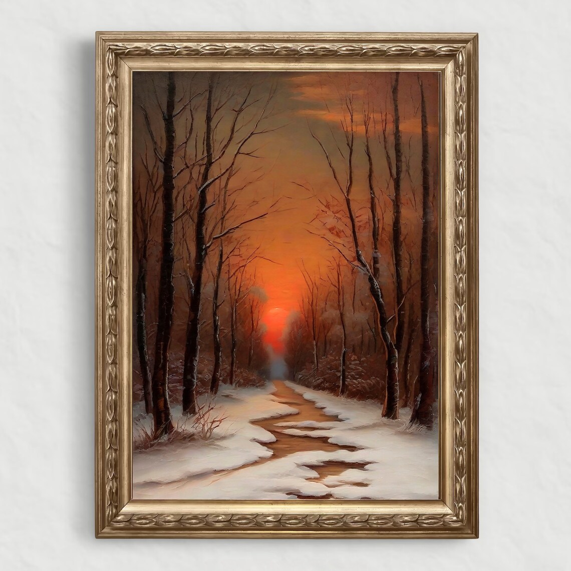 Muted Winter Landscape Painting Vintage Christmas Art Print Warm Winter Wall Art Snowy Wood Landscape Painting Wall Art - Image 4